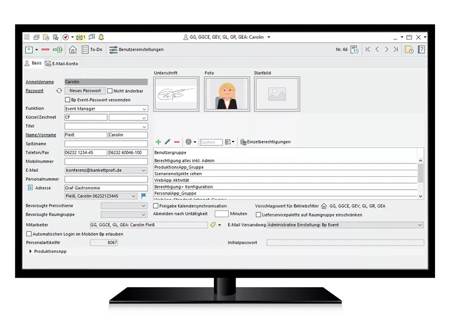 Benutzer mit Unterschrift, Bild und Berechtigungen